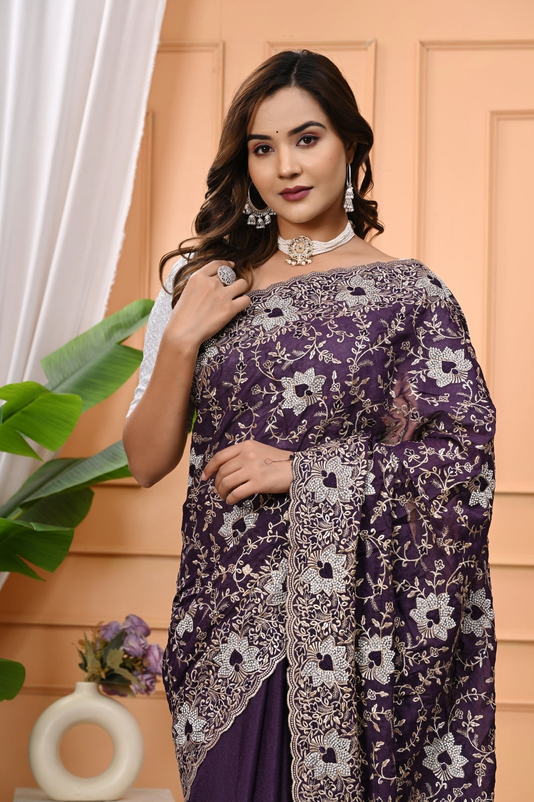 Chocolate Designer Saree with Heavy Zari & Zircon Diamond Work