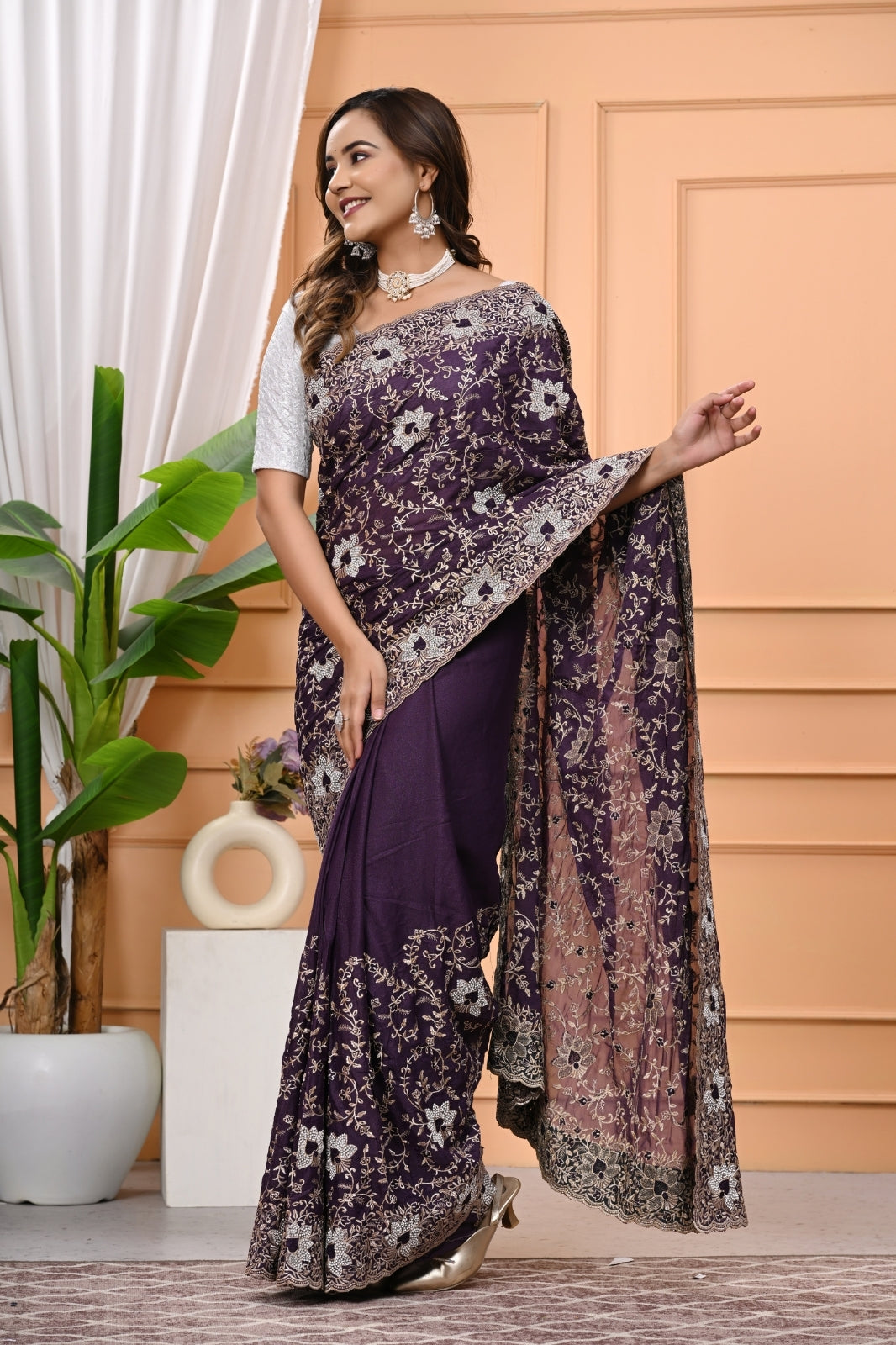 Chocolate Designer Saree with Heavy Zari & Zircon Diamond Work
