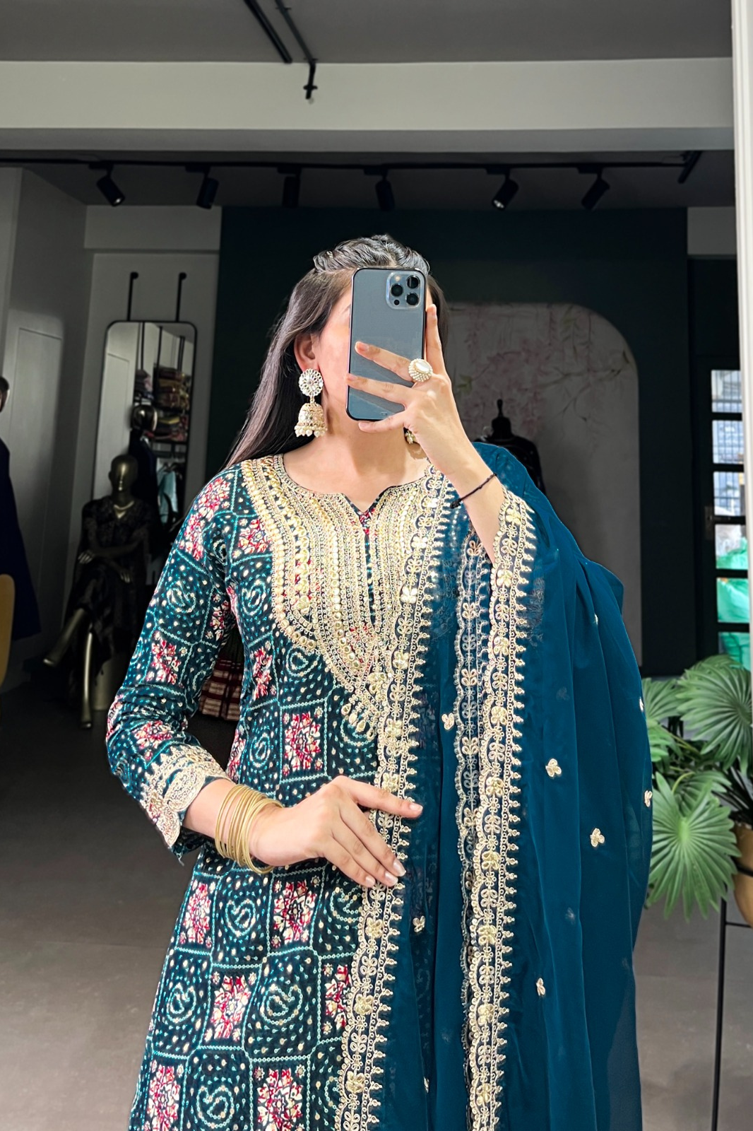 Teal Elegance – Printed Rayon Top, Roman Silk Bottom & Embroidered Organza Dupatta Set