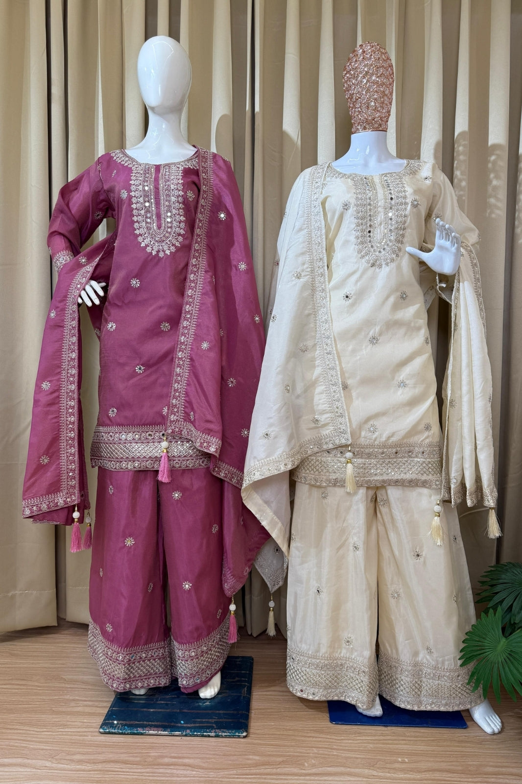 Premium Festive Kurti-Plazzo-Dupatta Set – Embroidered Simmer Fabric with Real Mirror Work