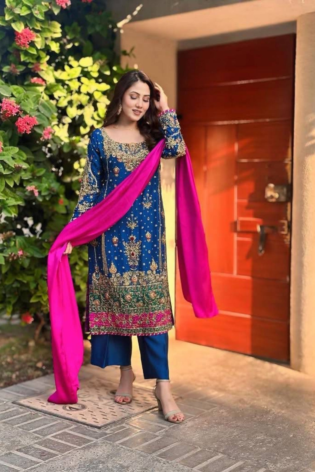 Chinon Silk Embroidered Kurti-Pant Set with Heavy Georgette Dupatta – Zari & Sequins Work