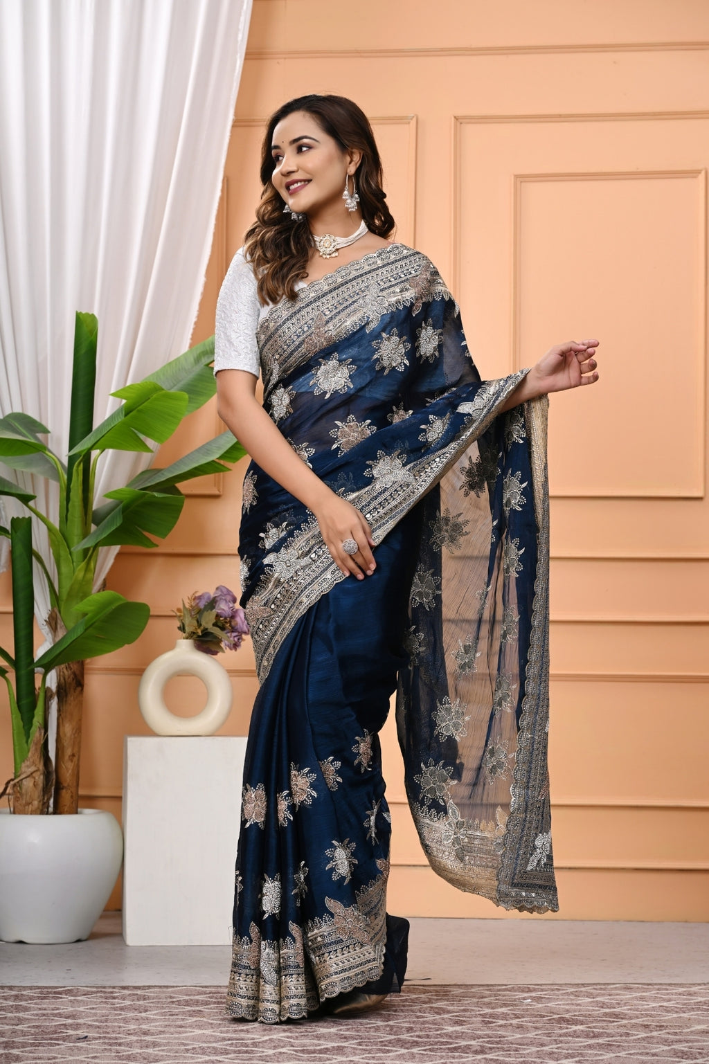Burberry Silk Designer Saree with Heavy Zari & Swarovski Diamond Work