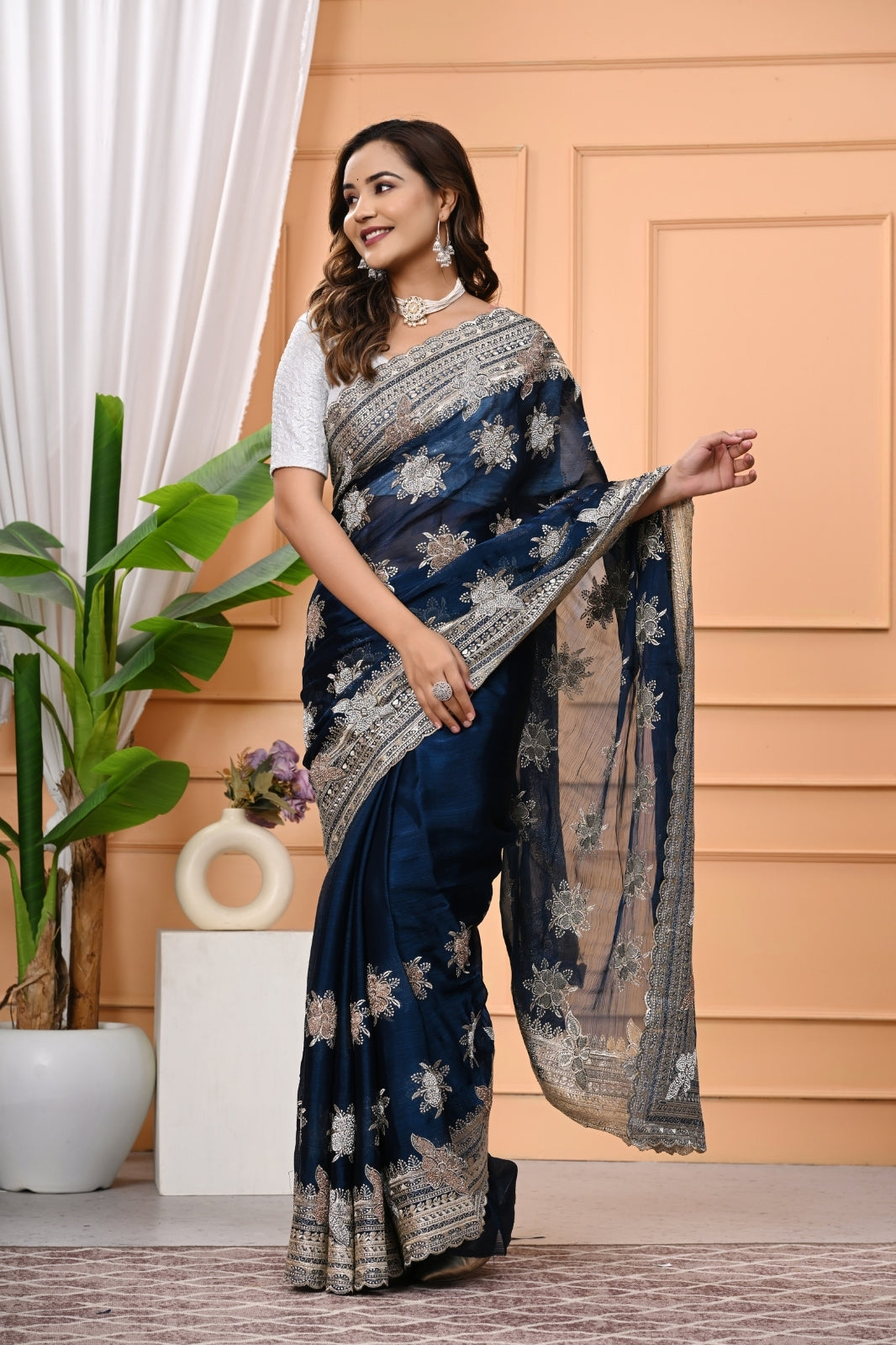 Burberry Silk Designer Saree with Heavy Zari & Swarovski Diamond Work