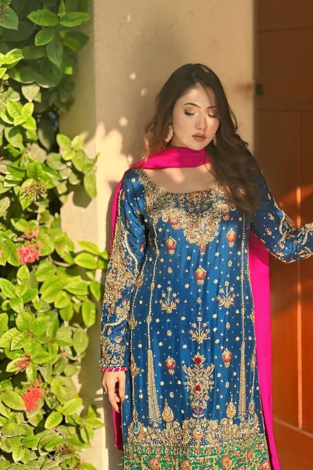 Chinon Silk Embroidered Kurti-Pant Set with Heavy Georgette Dupatta – Zari & Sequins Work