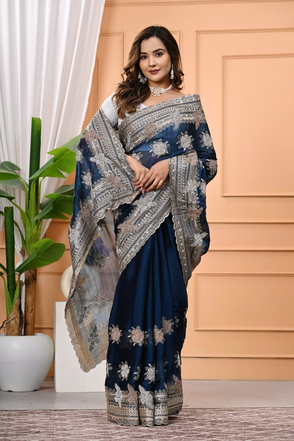 Burberry Silk Designer Saree with Heavy Zari & Swarovski Diamond Work
