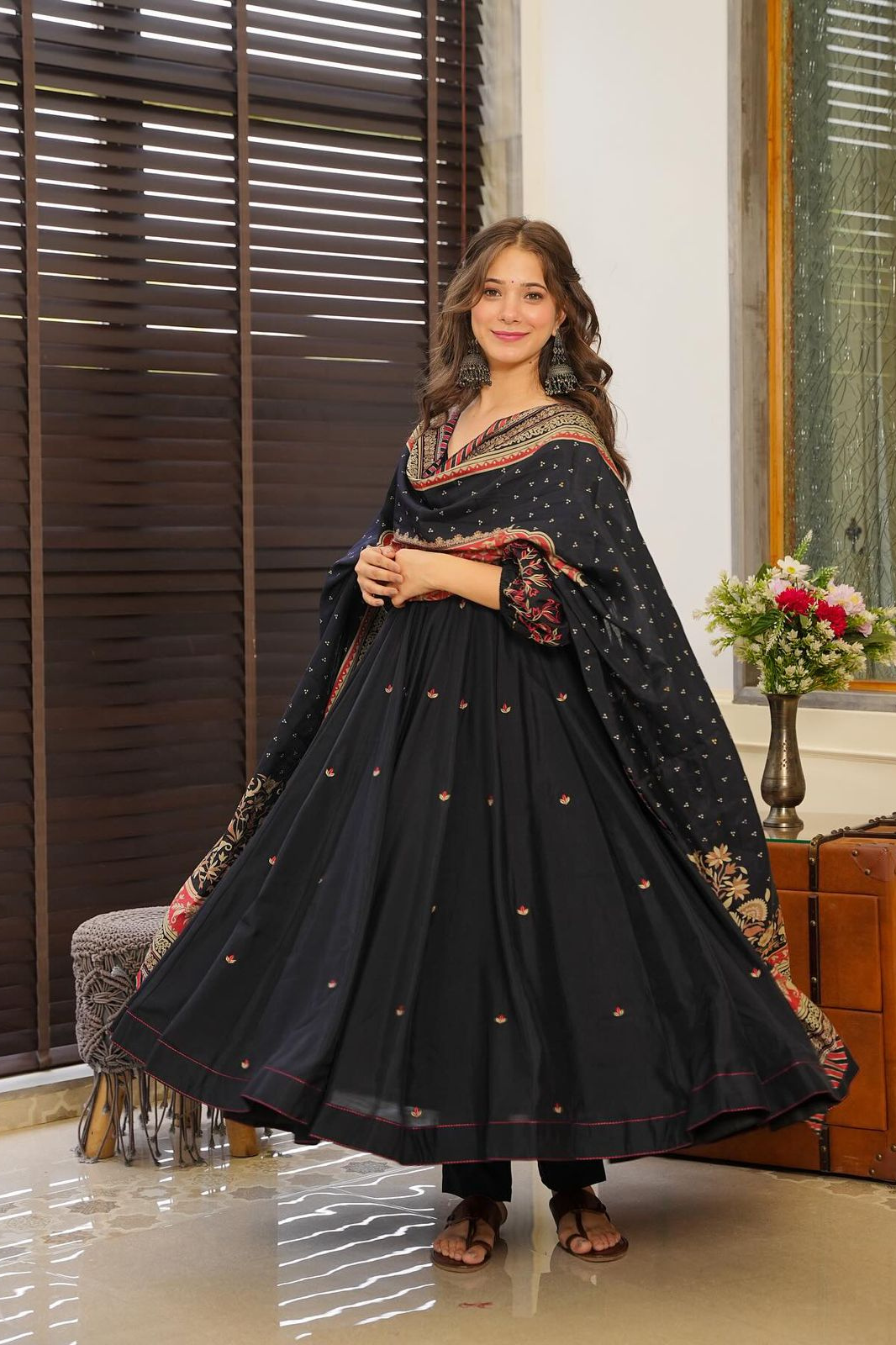 Premium Cotton Anarkali with Balloon Sleeves & Printed Dupatta