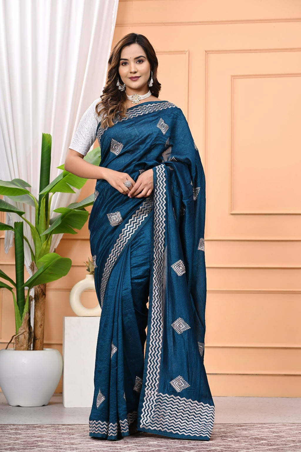 Vichitra Blooming Designer Saree with Heavy Zircon Stone Work