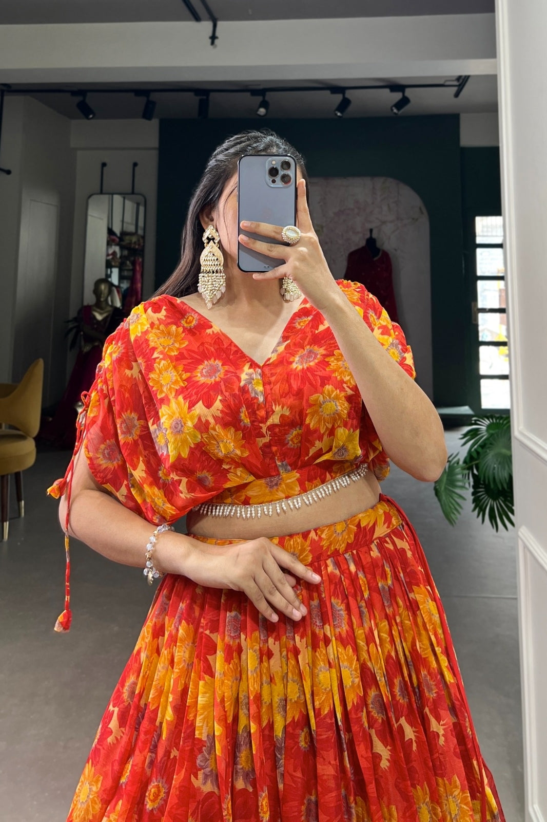 Floral Chiffon Orange Co-ord Lehenga Set – Stitched Lehenga & Blouse | Elegant & Lightweight