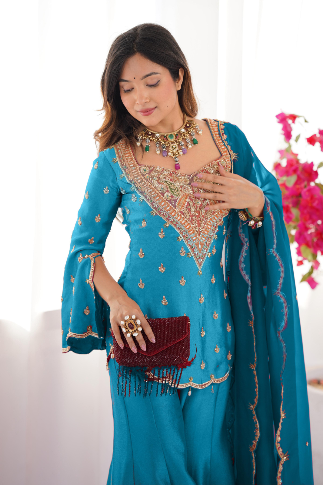 Simar Silk with Embroidery Work – Top, Plazzo & Dupatta Set