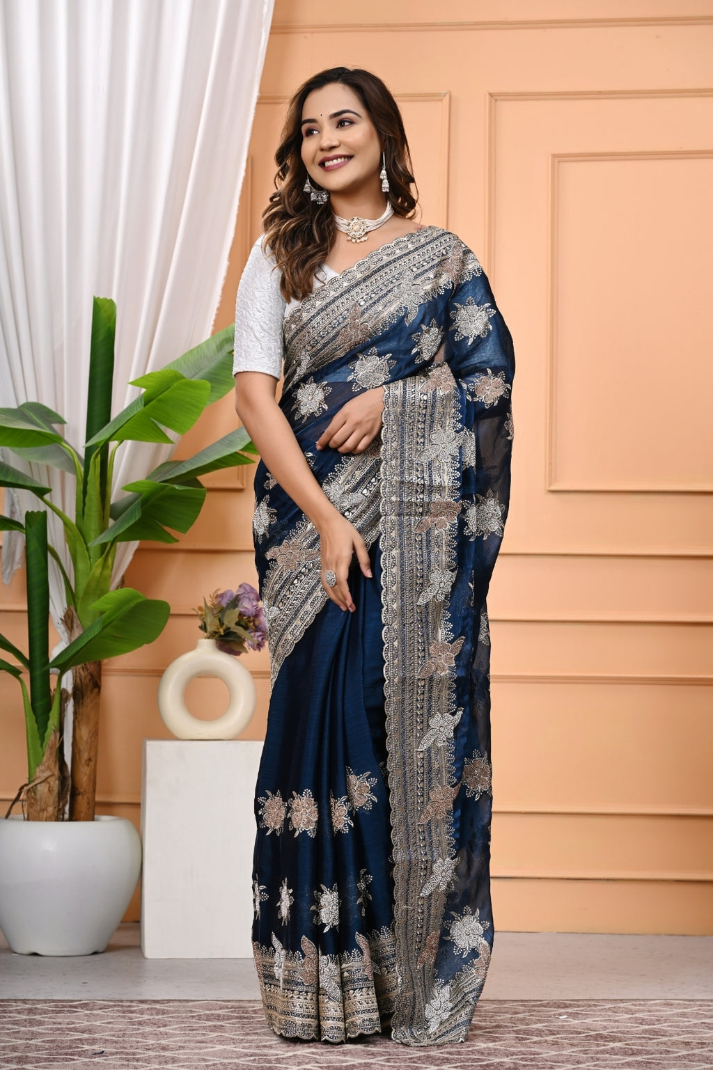 Burberry Silk Designer Saree with Heavy Zari & Swarovski Diamond Work