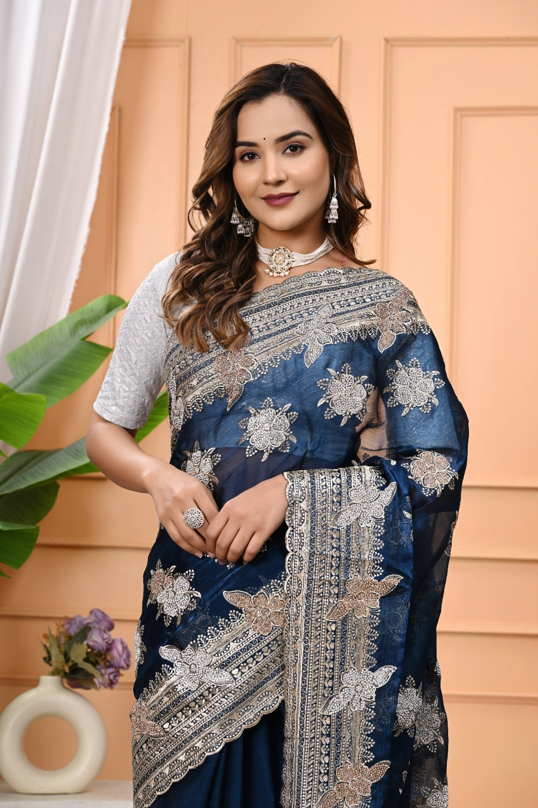 Burberry Silk Designer Saree with Heavy Zari & Swarovski Diamond Work
