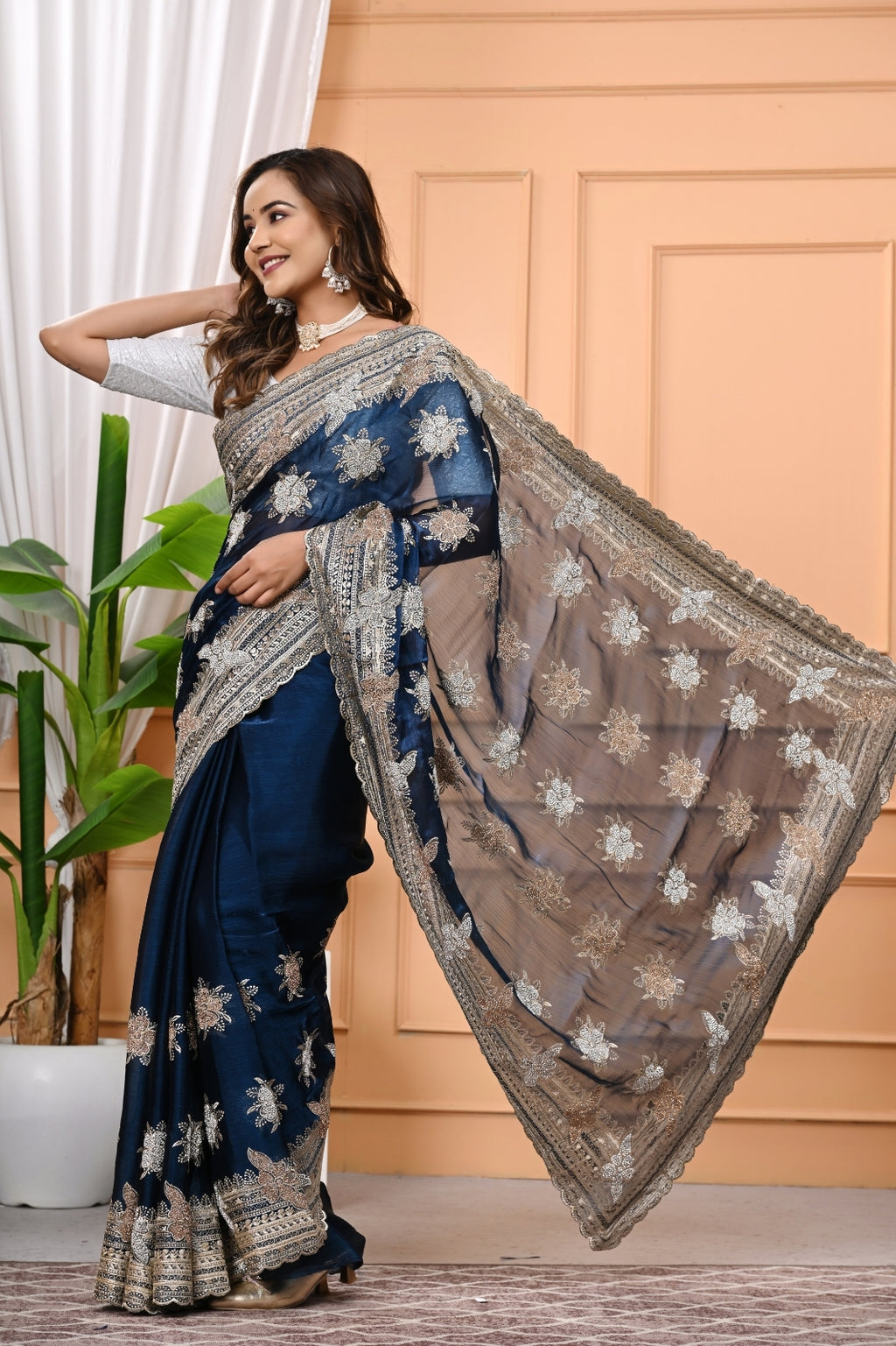 Burberry Silk Designer Saree with Heavy Zari & Swarovski Diamond Work