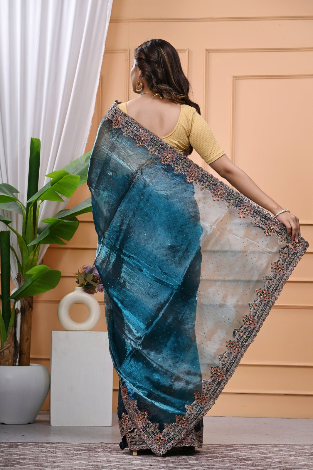 Crystal Fabric Designer Saree with Heavy Diamond Border & Blouse