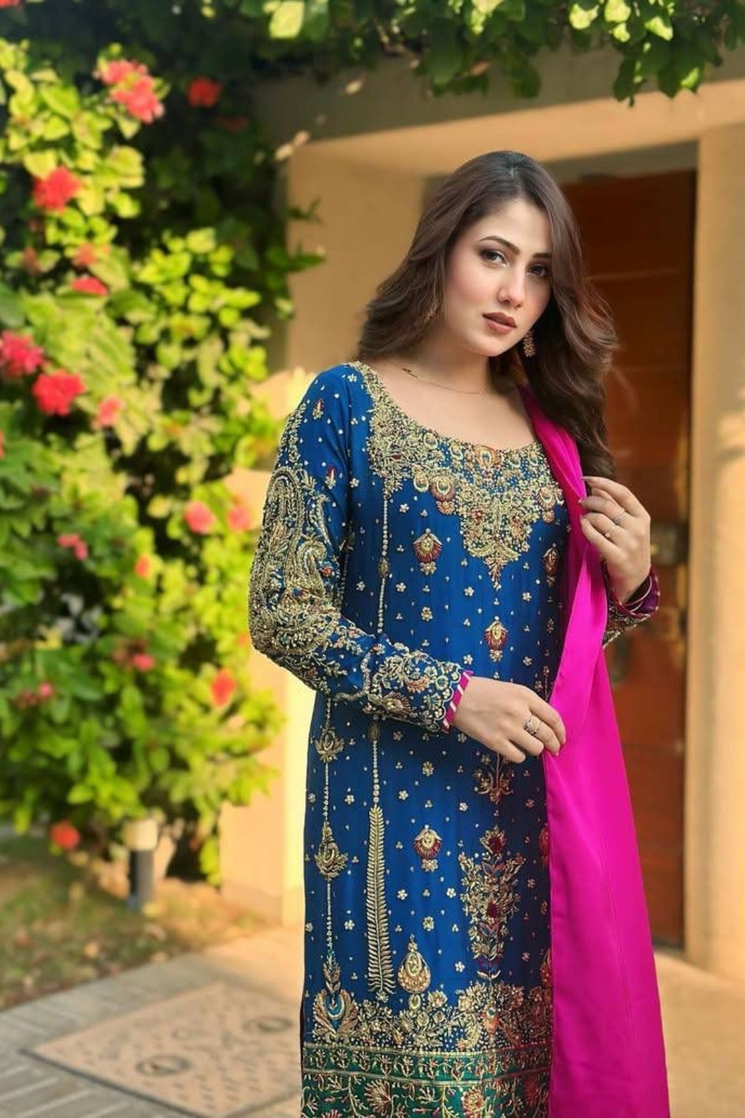 Chinon Silk Embroidered Kurti-Pant Set with Heavy Georgette Dupatta – Zari & Sequins Work