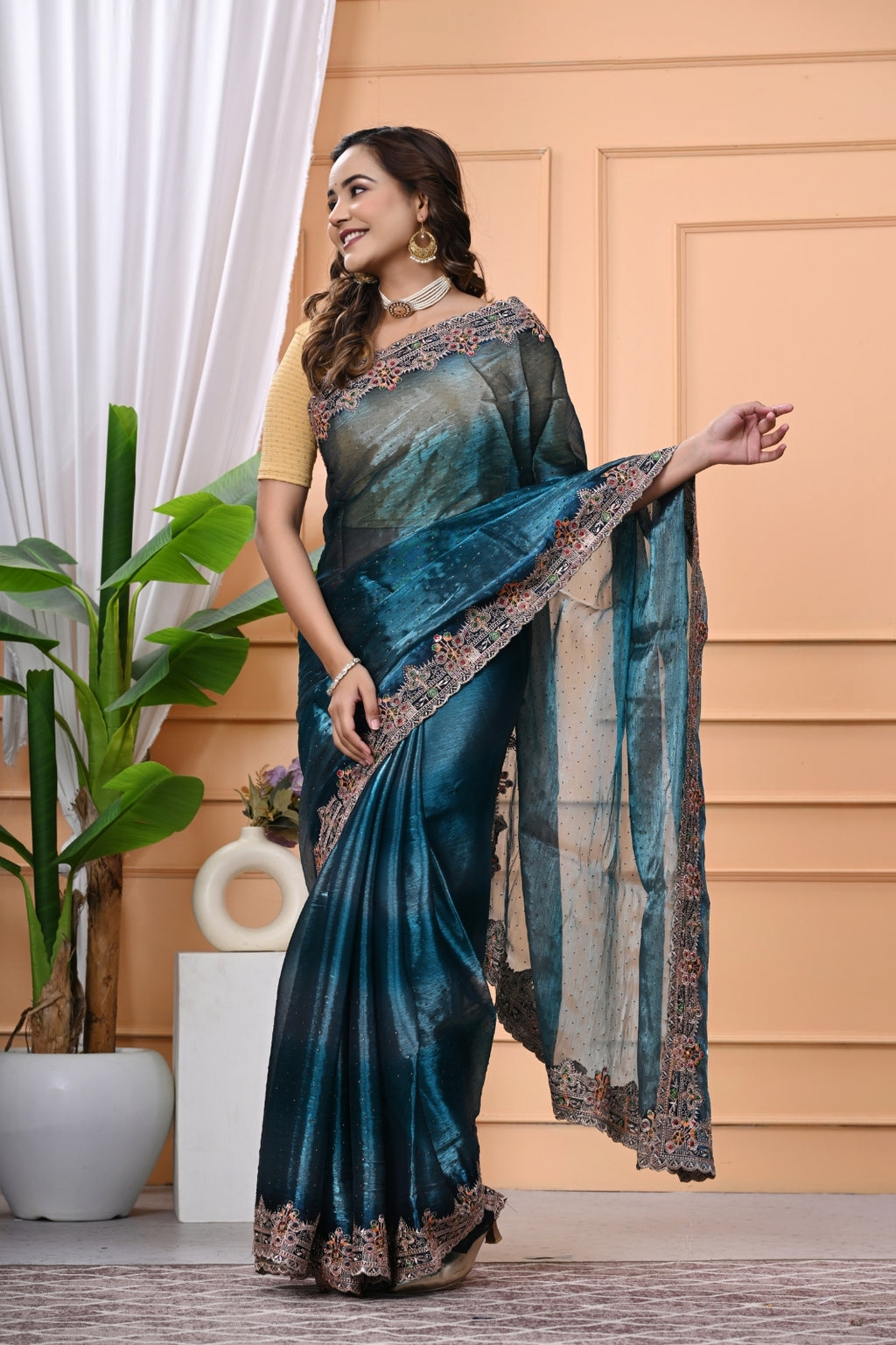Crystal Fabric Designer Saree with Heavy Diamond Border & Blouse