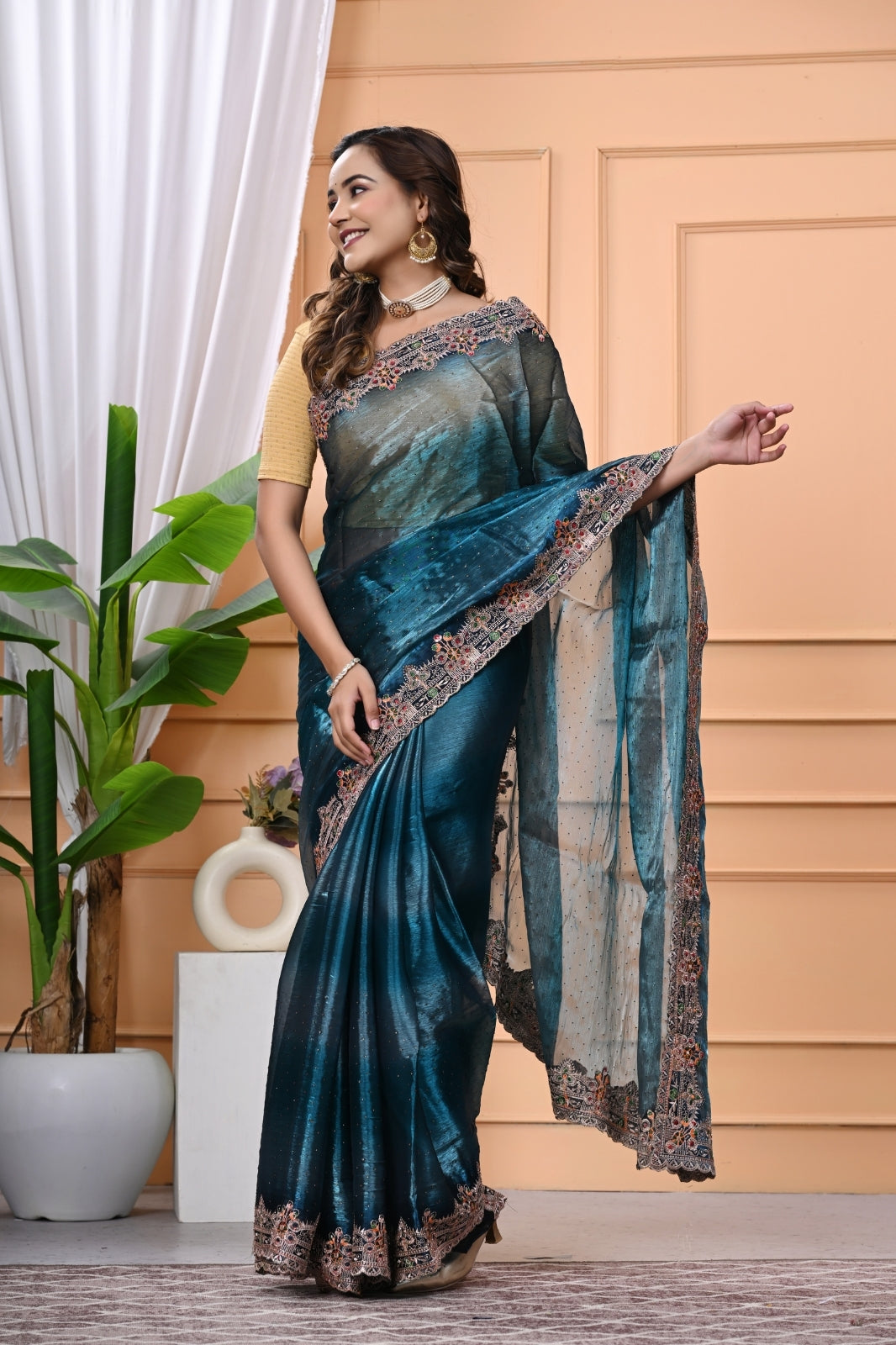Crystal Fabric Designer Saree with Heavy Diamond Border & Blouse