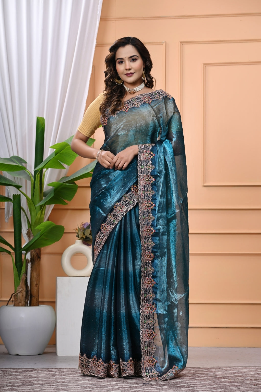 Crystal Fabric Designer Saree with Heavy Diamond Border & Blouse