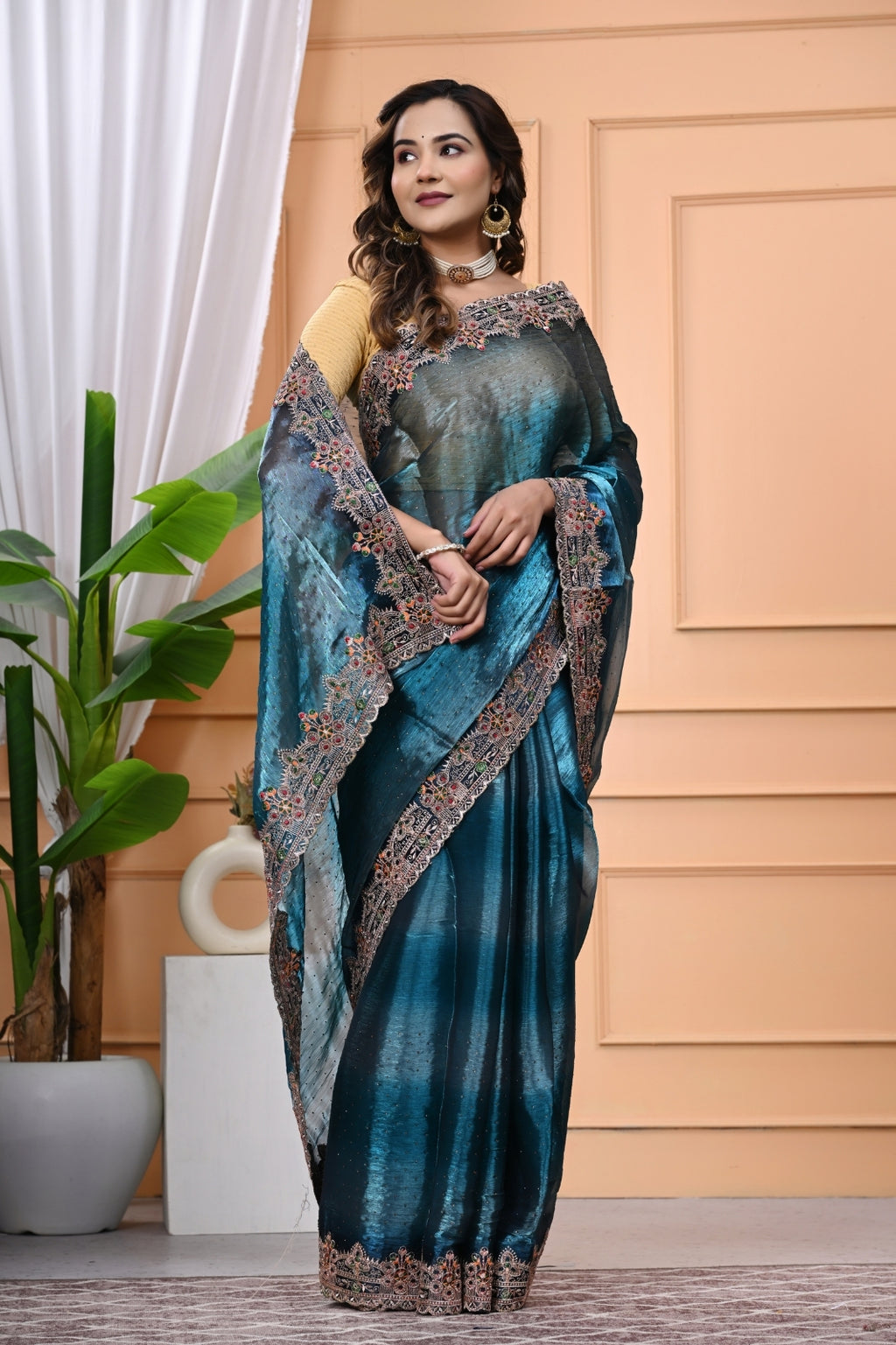 Crystal Fabric Designer Saree with Heavy Diamond Border & Blouse