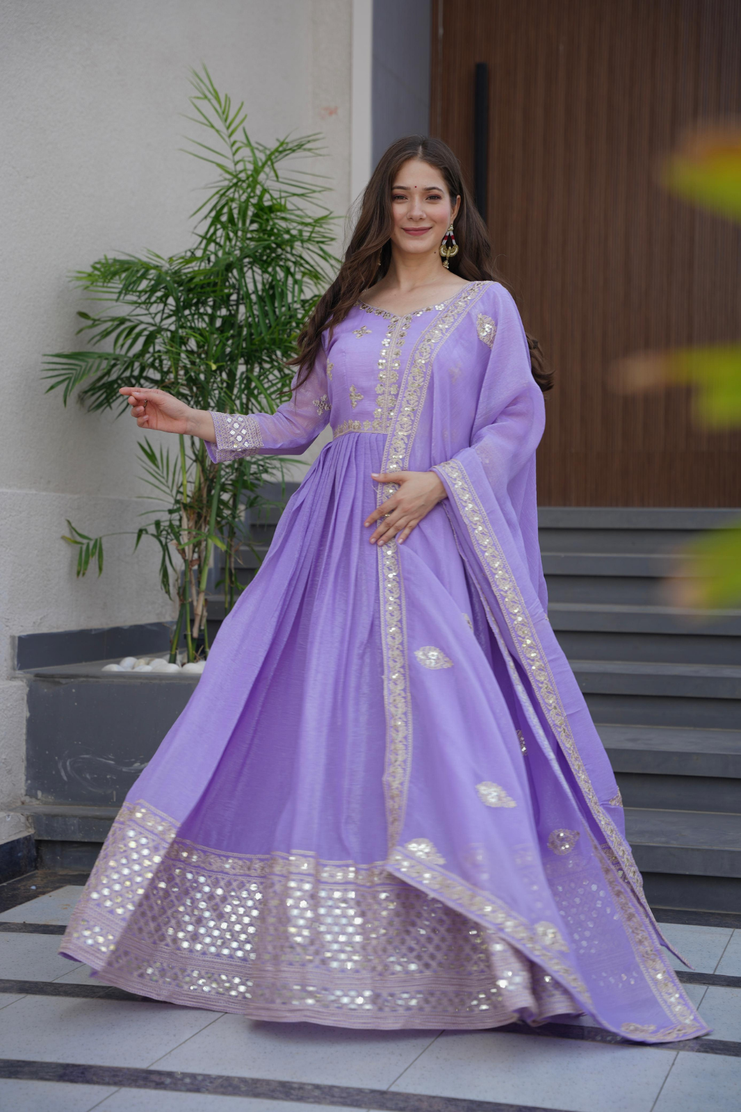 Real Modelling Party Wear Designer Gown with Dupatta – Embroidery & Sequins Work