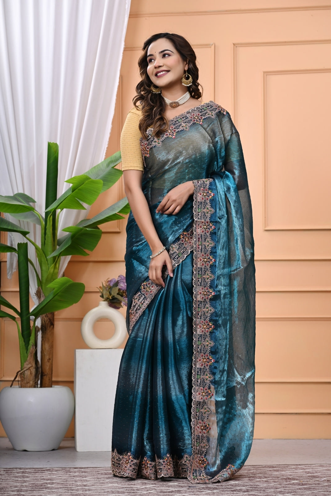 Crystal Fabric Designer Saree with Heavy Diamond Border & Blouse