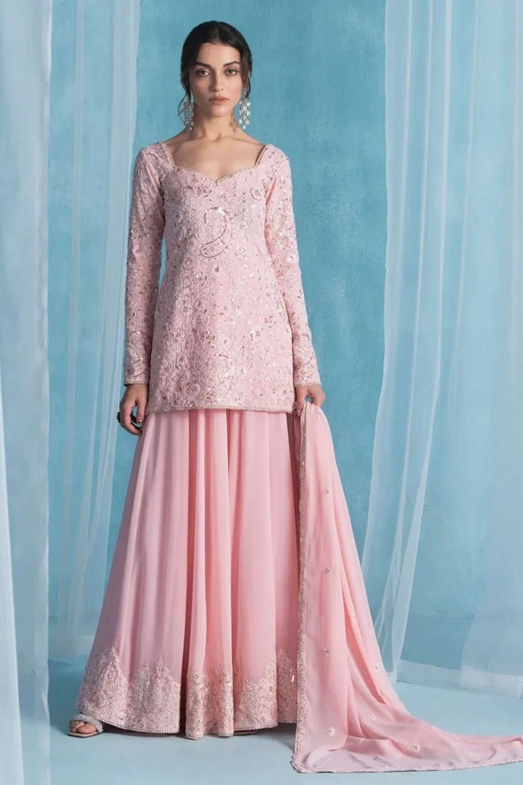 Exclusive Designer Sequin Embroidered Suit Set – Georgette Kurti, Palazzo & Dupatta (3-Piece)