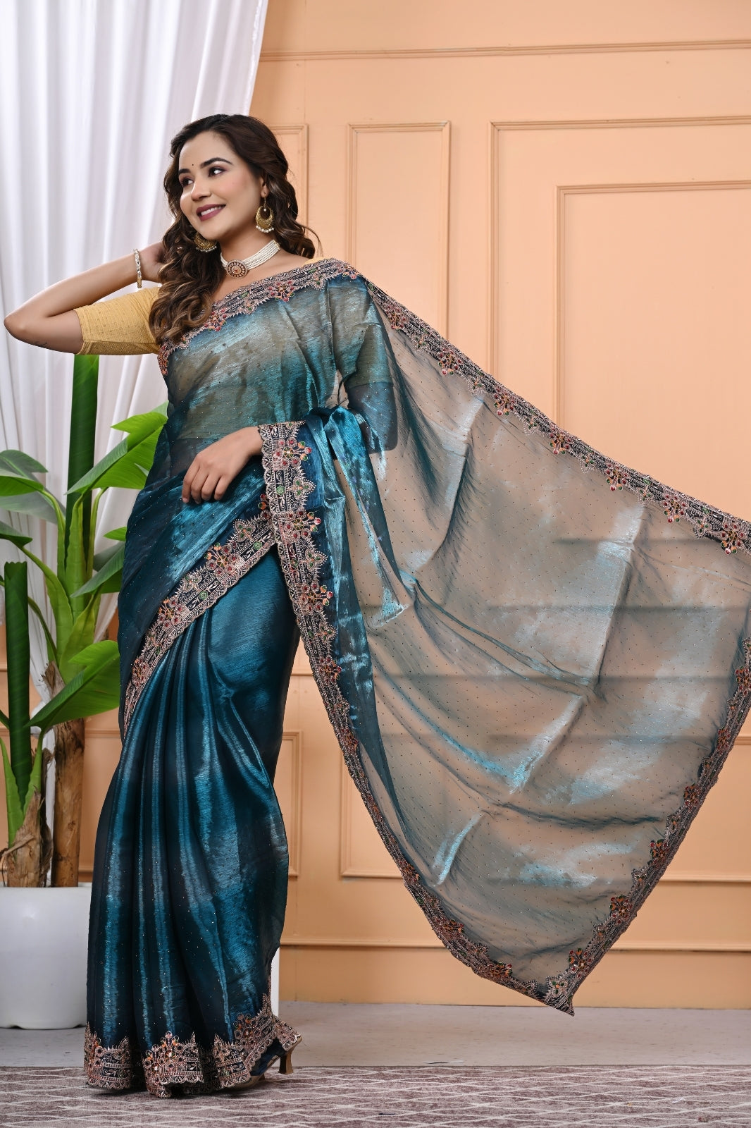 Crystal Fabric Designer Saree with Heavy Diamond Border & Blouse