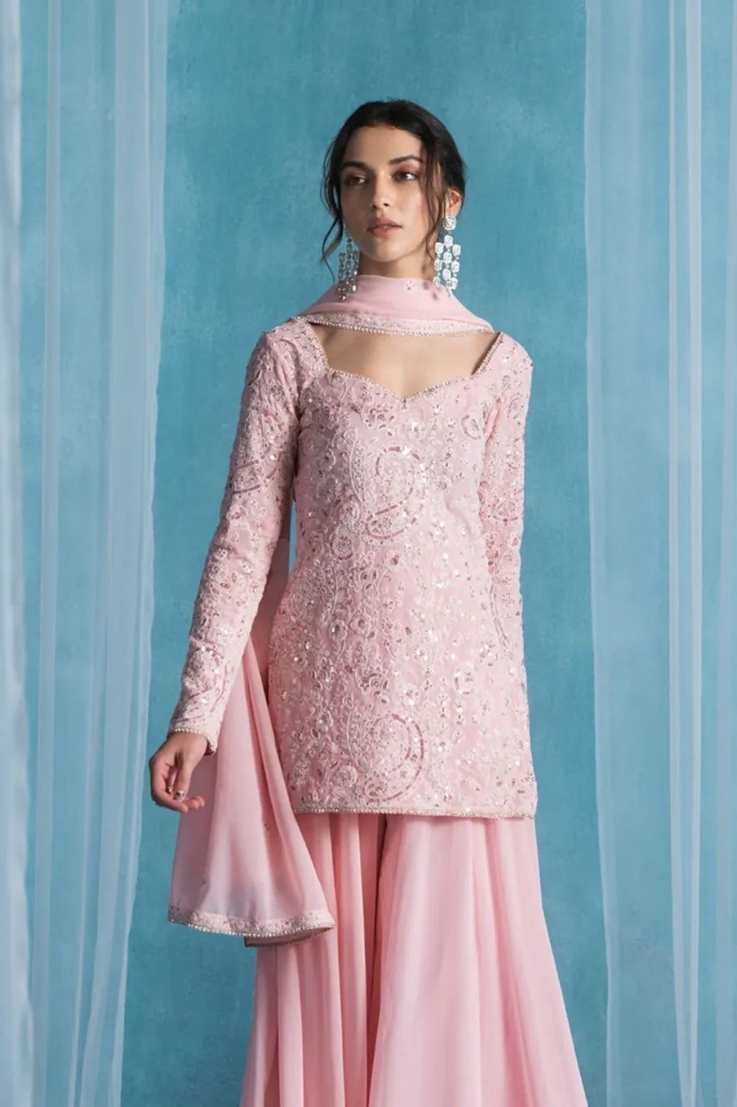 Exclusive Designer Sequin Embroidered Suit Set – Georgette Kurti, Palazzo & Dupatta (3-Piece)