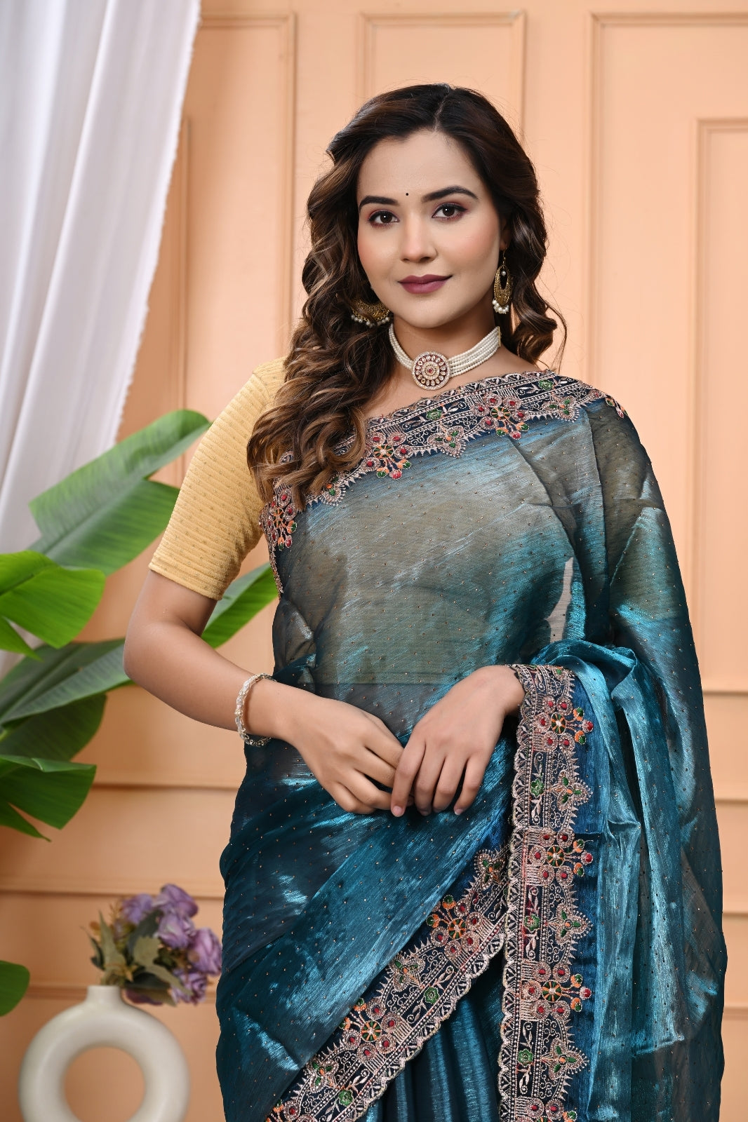 Crystal Fabric Designer Saree with Heavy Diamond Border & Blouse
