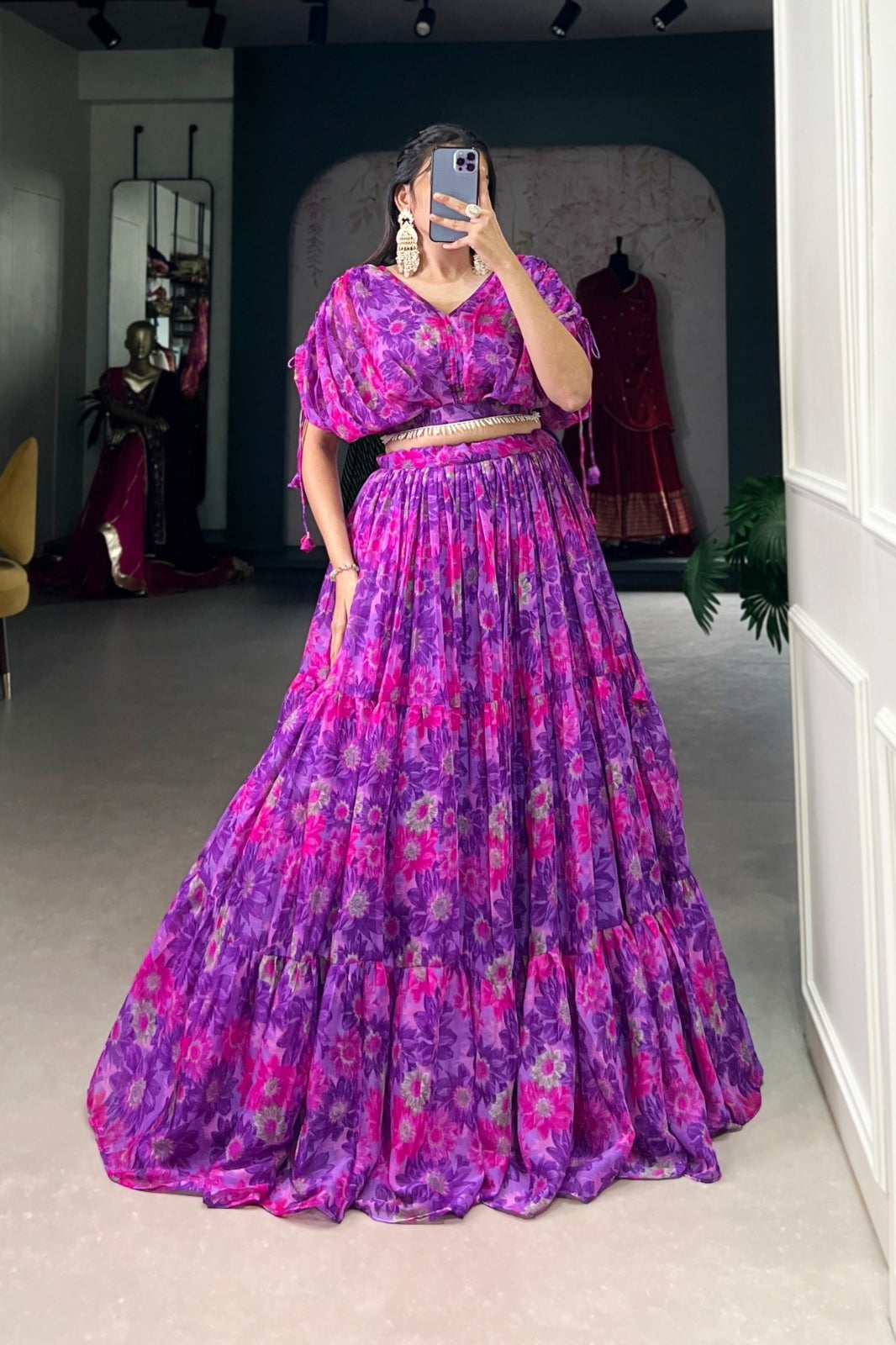 Floral Chiffon Purple Co-ord Lehenga Set – Stitched Lehenga & Blouse | Elegant & Lightweight (Copy)