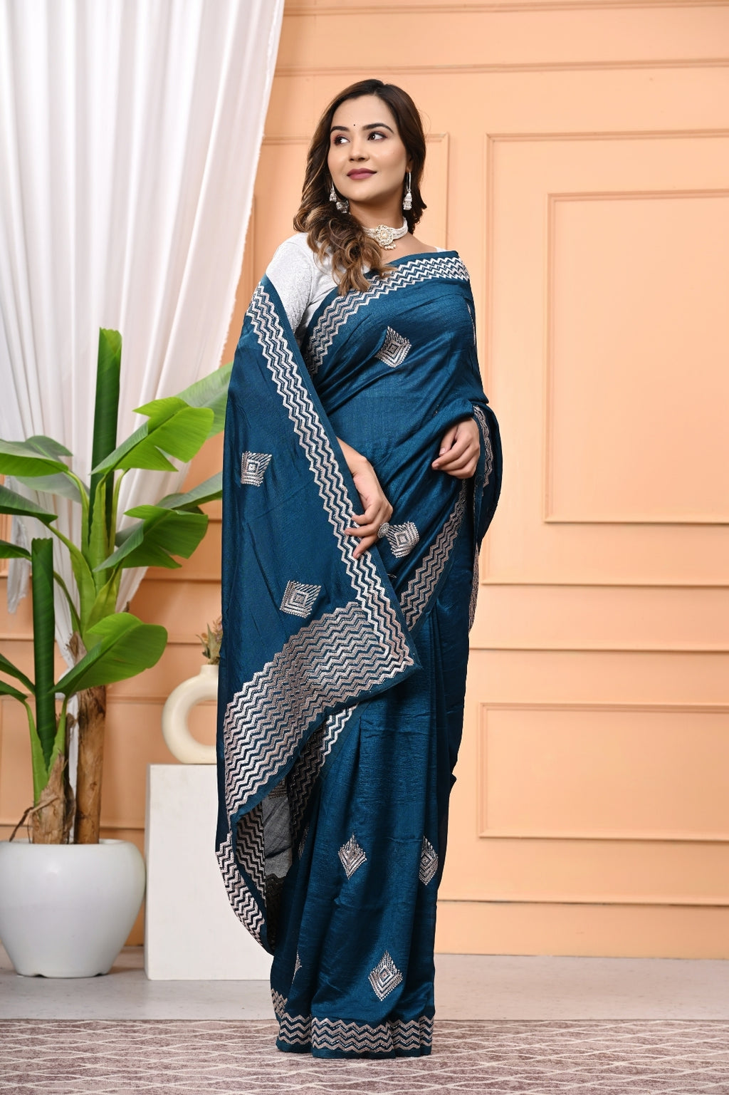 Vichitra Blooming Designer Saree with Heavy Zircon Stone Work