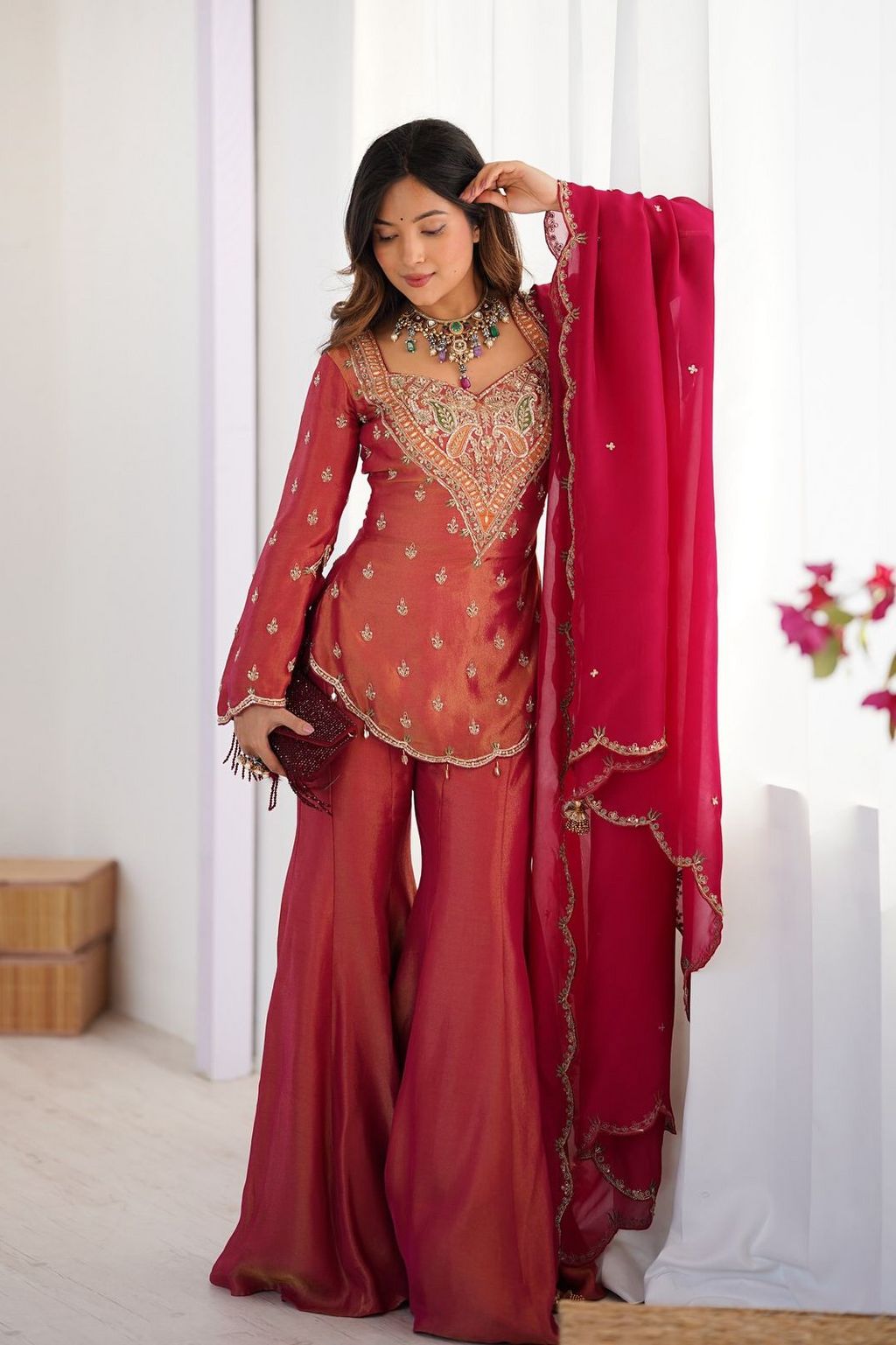 Simar Silk with Embroidery Work – Top, Plazzo & Dupatta Set