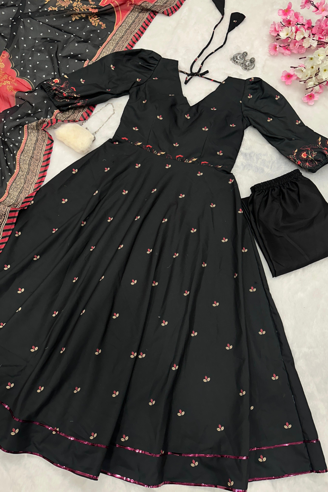 Premium Cotton Anarkali with Balloon Sleeves & Printed Dupatta