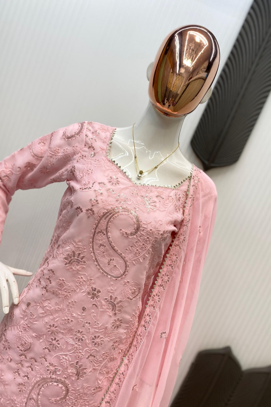 Exclusive Designer Sequin Embroidered Suit Set – Georgette Kurti, Palazzo & Dupatta (3-Piece)