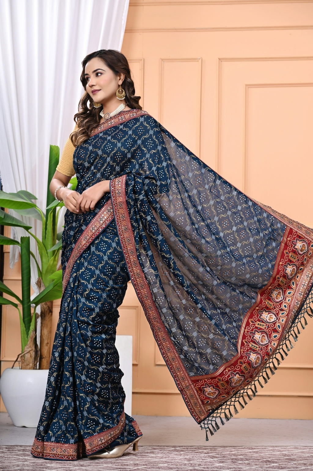 Vichitra Blooming Designer Saree with Heavy Embroidery & Stone Work