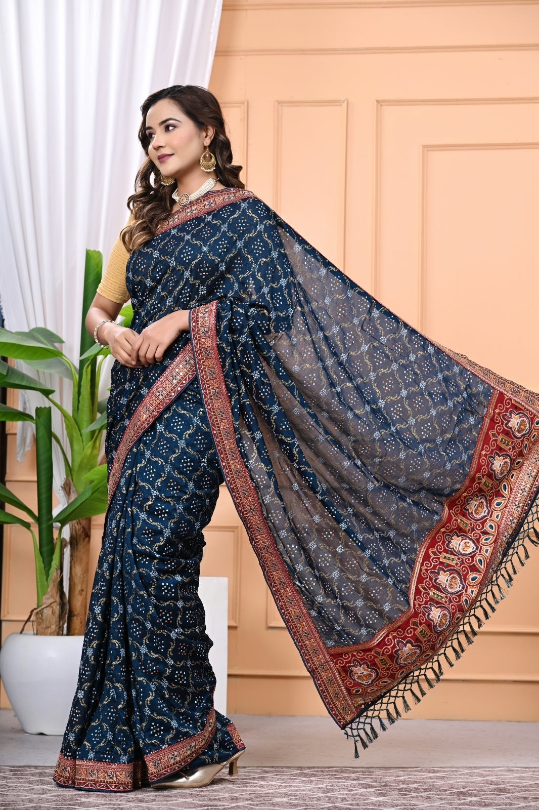 Vichitra Blooming Designer Saree with Heavy Embroidery & Stone Work
