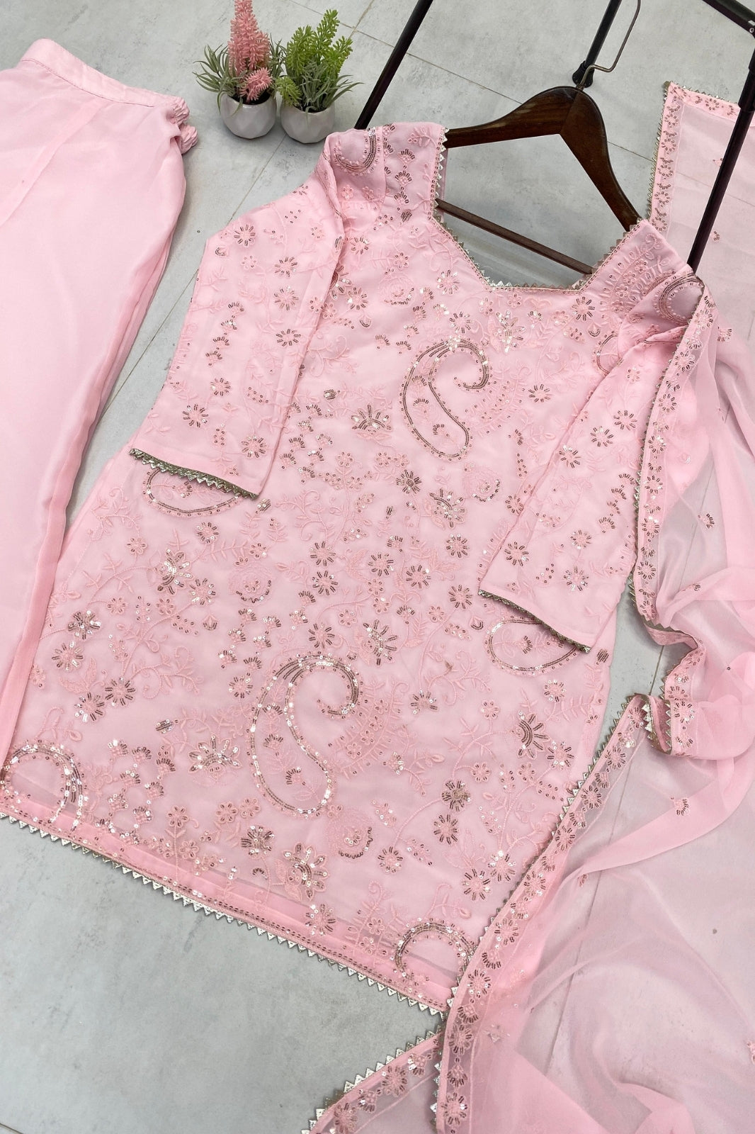 Exclusive Designer Sequin Embroidered Suit Set – Georgette Kurti, Palazzo & Dupatta (3-Piece)