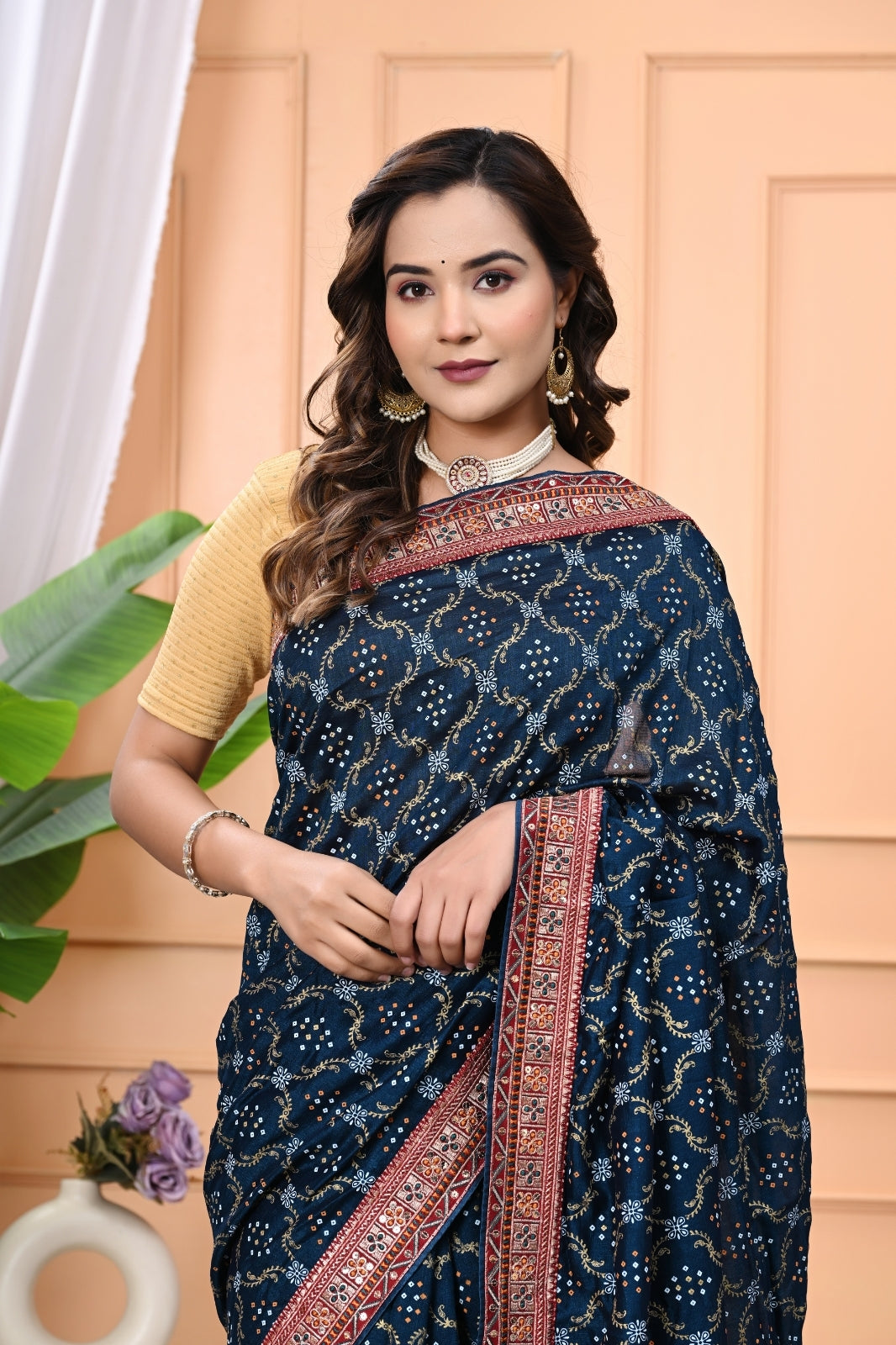 Vichitra Blooming Designer Saree with Heavy Embroidery & Stone Work