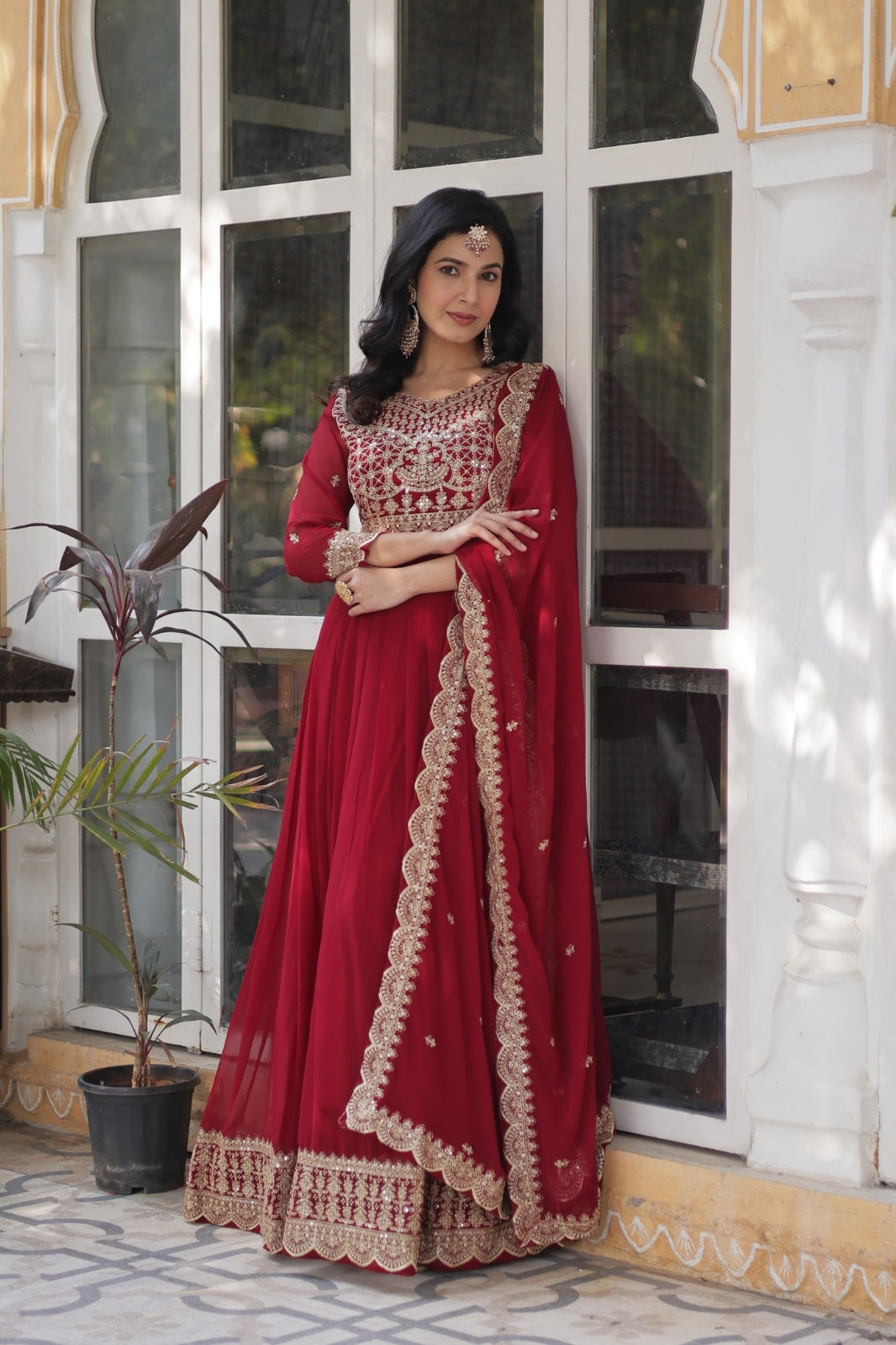 Premium Designer Readymade Gown with Dupatta – Faux Blooming Fabric & Zari Sequins Work