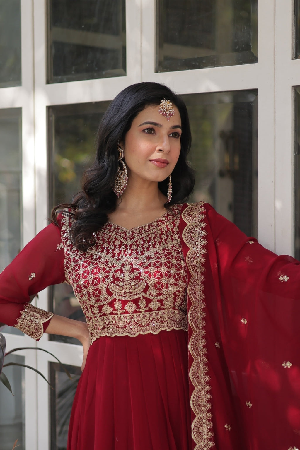 Premium Designer Readymade Gown with Dupatta – Faux Blooming Fabric & Zari Sequins Work