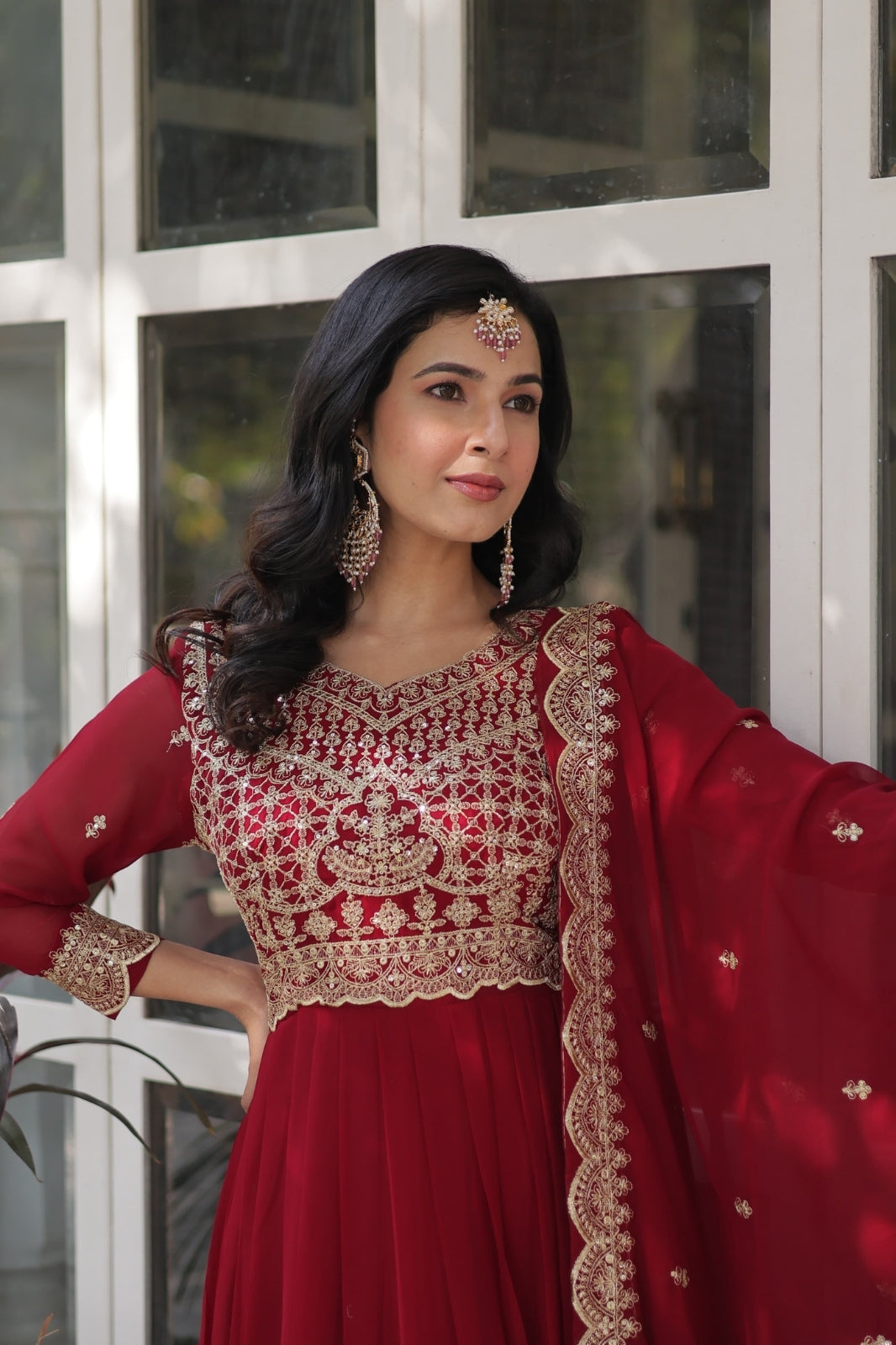 Premium Designer Readymade Gown with Dupatta – Faux Blooming Fabric & Zari Sequins Work