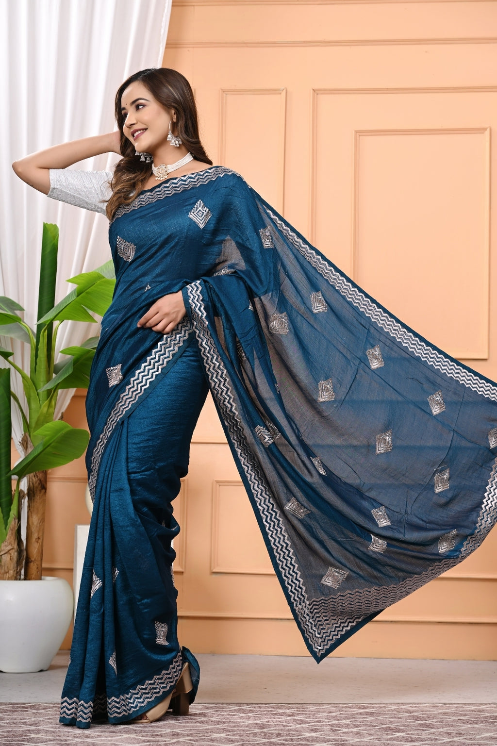 Vichitra Blooming Designer Saree with Heavy Zircon Stone Work