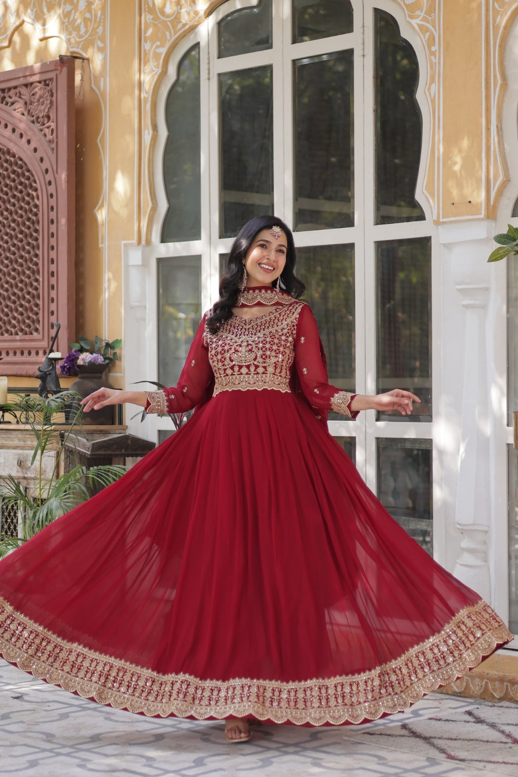 Premium Designer Readymade Gown with Dupatta – Faux Blooming Fabric & Zari Sequins Work