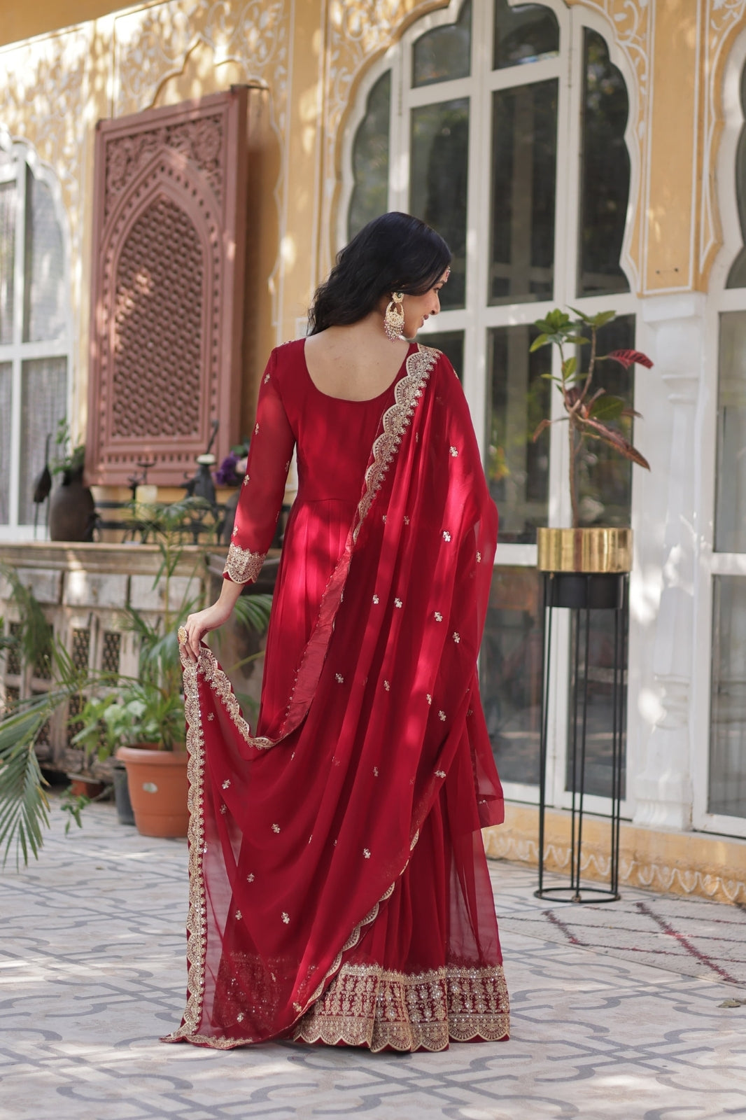 Premium Designer Readymade Gown with Dupatta – Faux Blooming Fabric & Zari Sequins Work