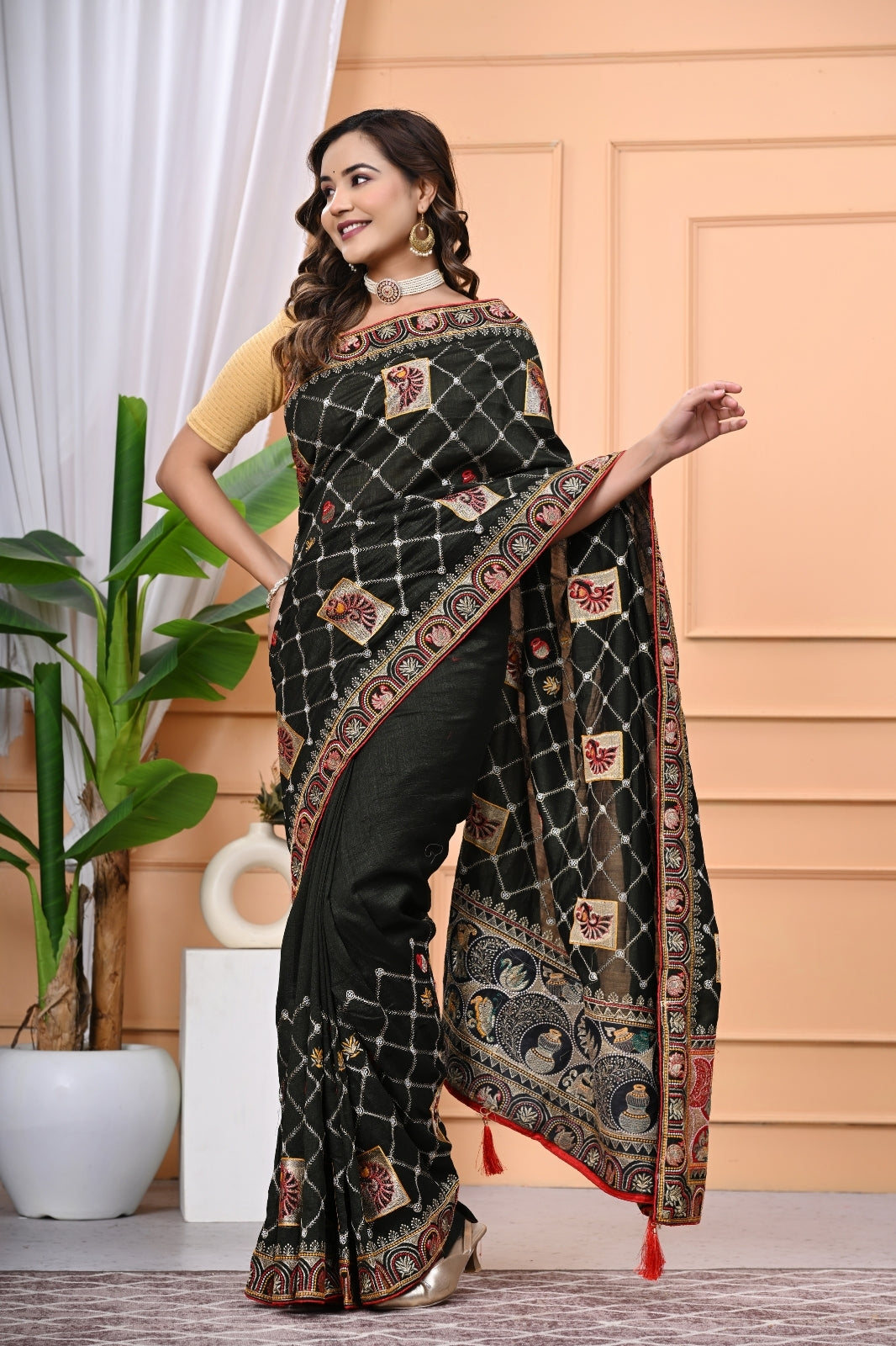 Vichitra Silk Designer Saree with Zari & DMC Stone Work