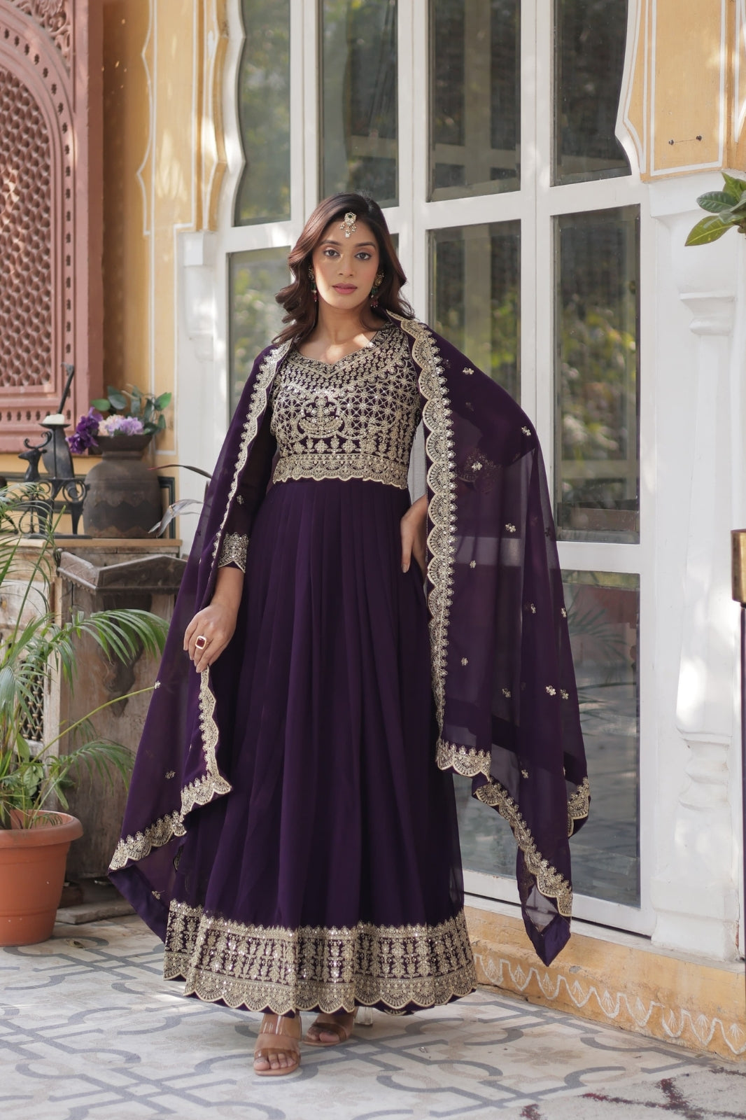 Premium Designer Readymade Gown with Dupatta – Faux Blooming Fabric & Zari Sequins Work