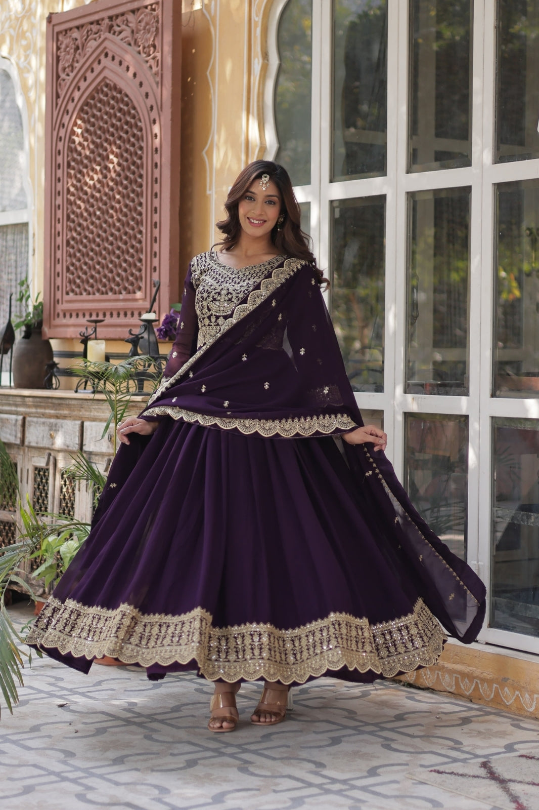 Premium Designer Readymade Gown with Dupatta – Faux Blooming Fabric & Zari Sequins Work