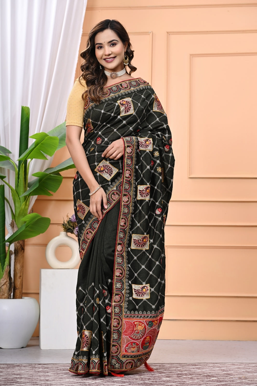 Vichitra Silk Designer Saree with Zari & DMC Stone Work