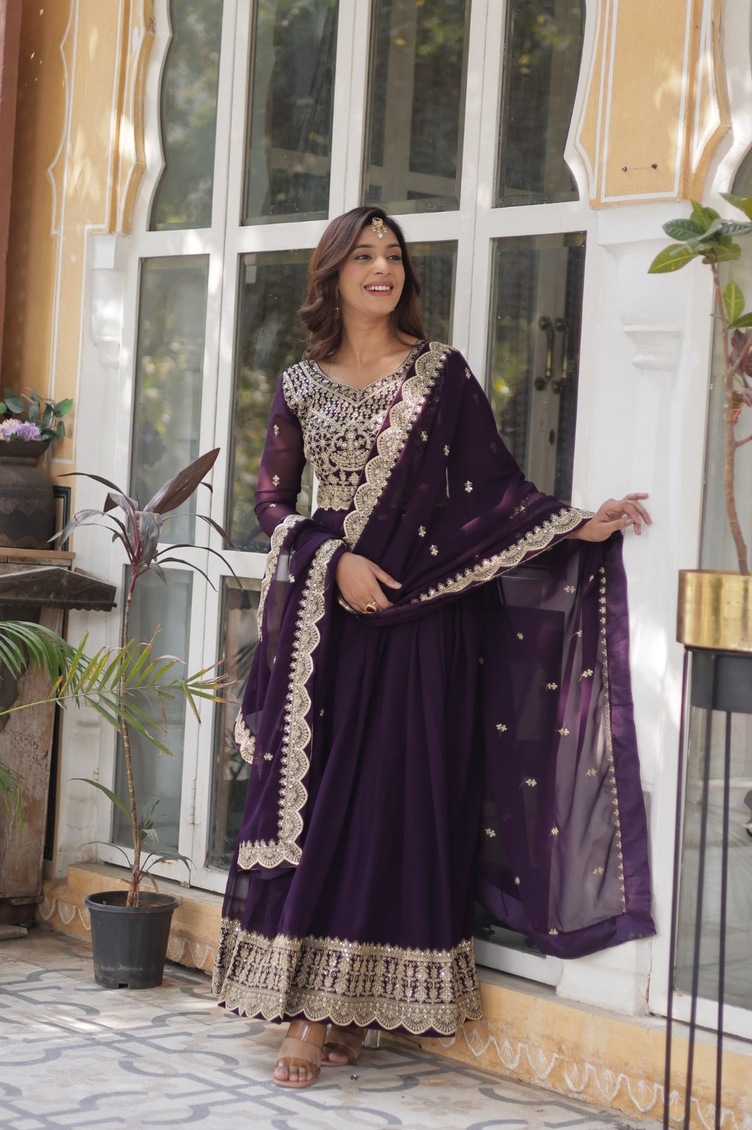 Premium Designer Readymade Gown with Dupatta – Faux Blooming Fabric & Zari Sequins Work