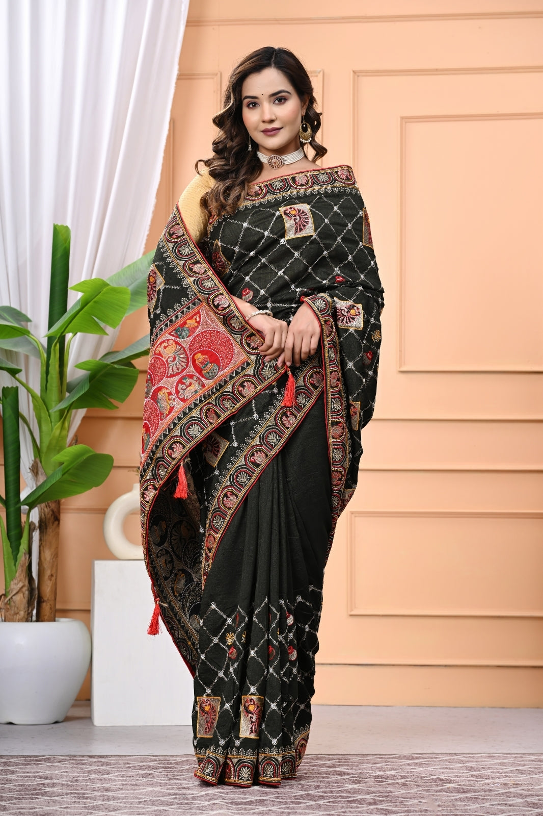 Vichitra Silk Designer Saree with Zari & DMC Stone Work
