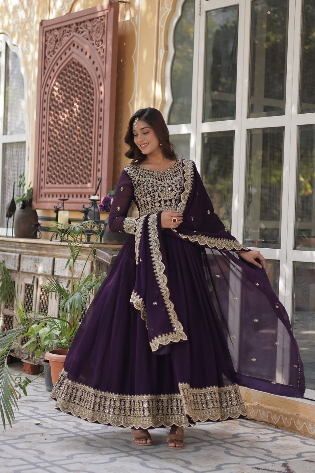 Premium Designer Readymade Gown with Dupatta – Faux Blooming Fabric & Zari Sequins Work